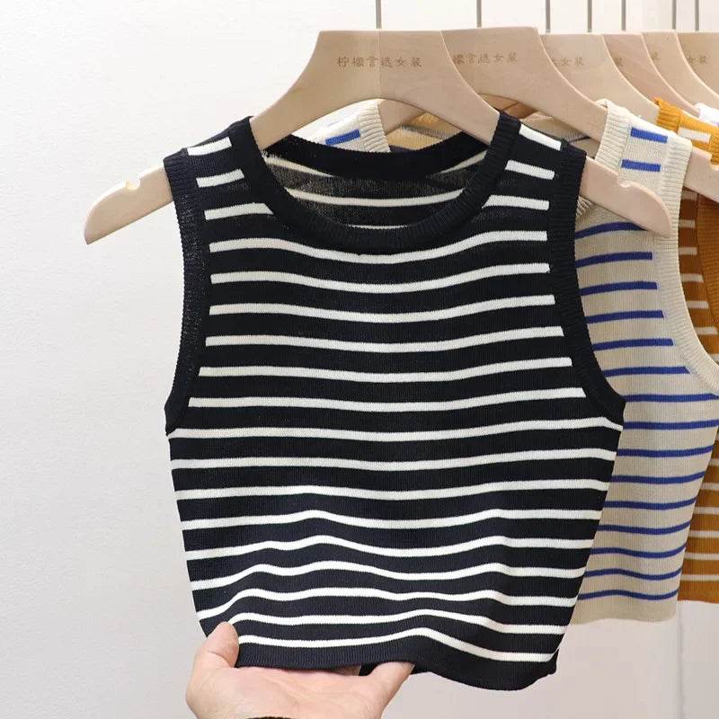 Summer Spring Striped Tank Tops Women Sleeveless Knitted T-Shirts Crop Tops Female Elastic Slim Casual Vests Pullover Camis - AIAZ