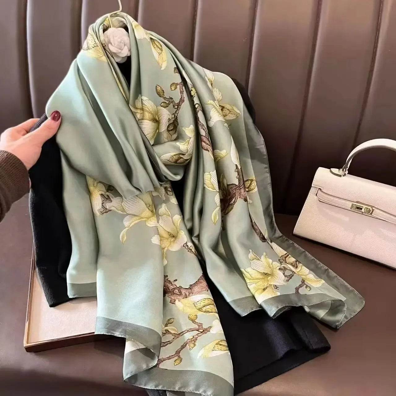 New Summer Women's Silk Scarf Sun Protection Satin Print Extra Long Beach Cover Up Decorative Mom's Shawl Fashionable Accessory - AIAZ