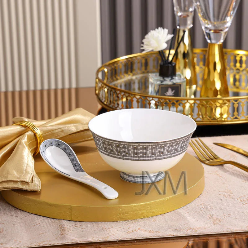 Luxury 10 piece set of European style gray H horse drawn cart tableware, circular gift box, bone china bowl, plate, spoon, plate