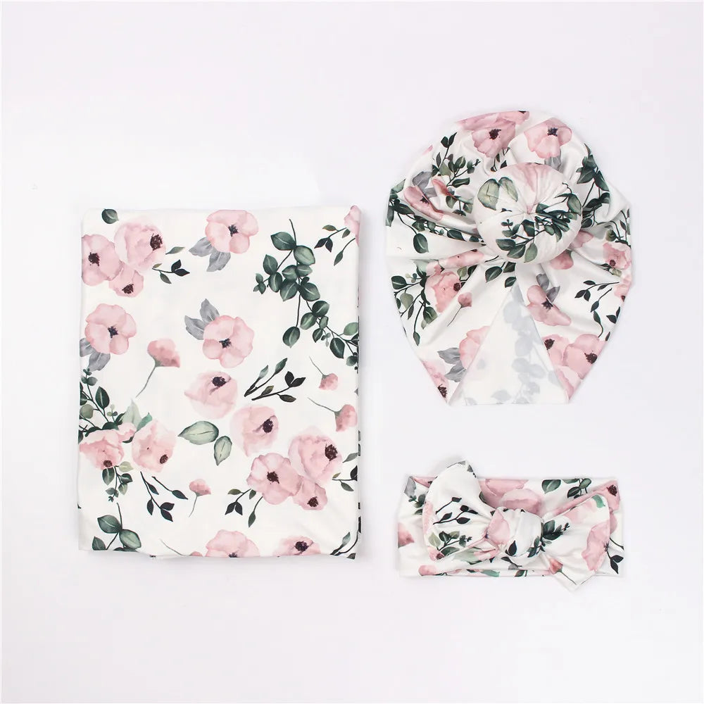 3pc/set Baby Swaddle Wrap New Born Receiving Blanket for Newborn Babies Accessories Soft Floral Headband Hat Bedding Baby Items