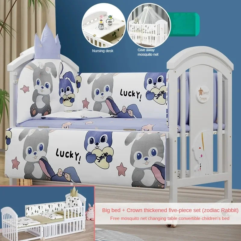 Solid wood spliced crib Multifunctional European style children's bed Movable newborn cradle large bed Baby Rest Chair