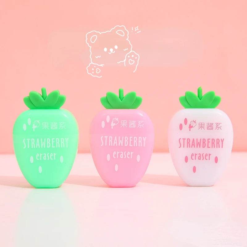3 pcs/lot Sweet Strawberry Rubber Eraser School Supplies Stationery Kids Students Cool Prizes Cute Erasers - AIAZ