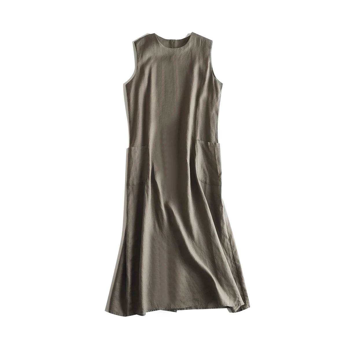 Linen Cotton Sleeveless Long Dress Vintage Slimming A Line Dress For Women Summer Solid O Neck Tank Robe Casual Clothes X1399 - AIAZ