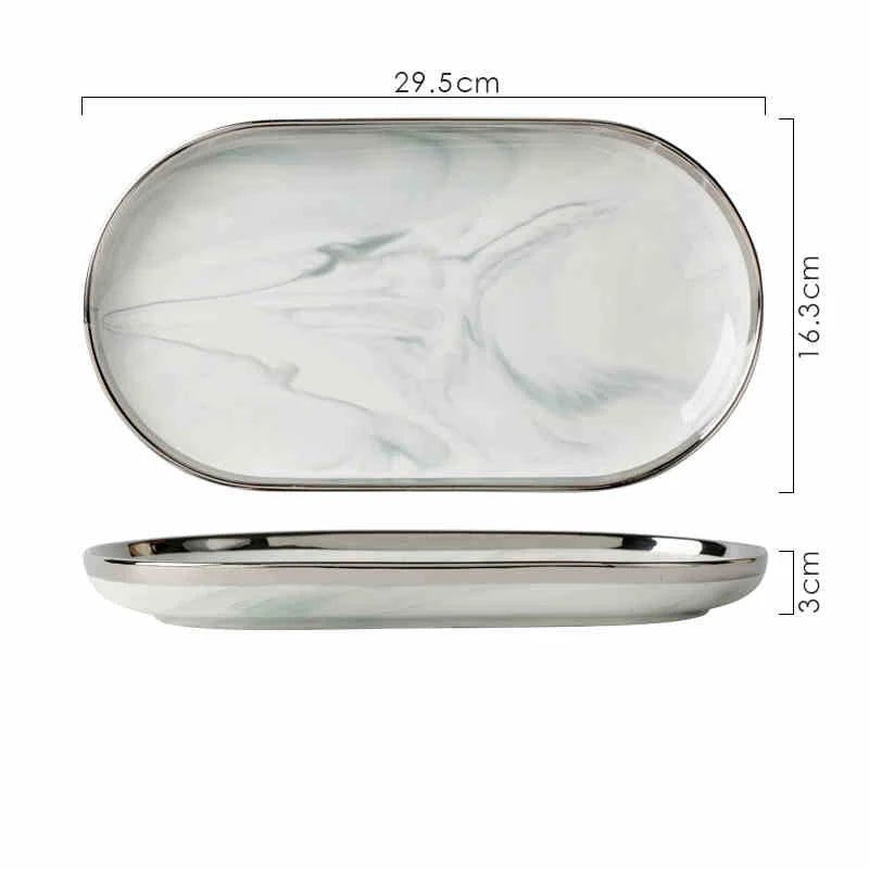 Light Luxury Ceramic Tableware Set Marble Fish Plates With Silver Rim Household Hotel LArge Capacity Soup Bowl Deep Plates