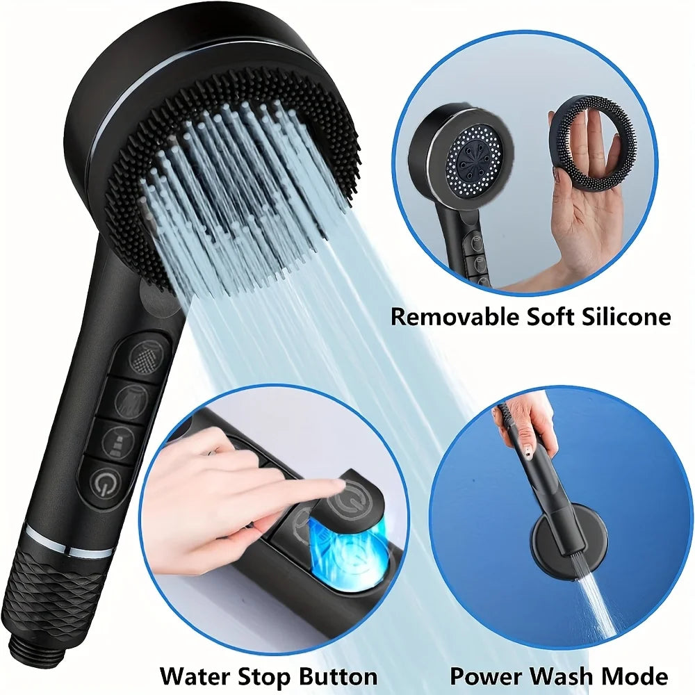 4 Modes Self-cleaning Shower Head with Silicone Brush One-Key Stop Water Massage High Pressure ABS Showerhead with Filter