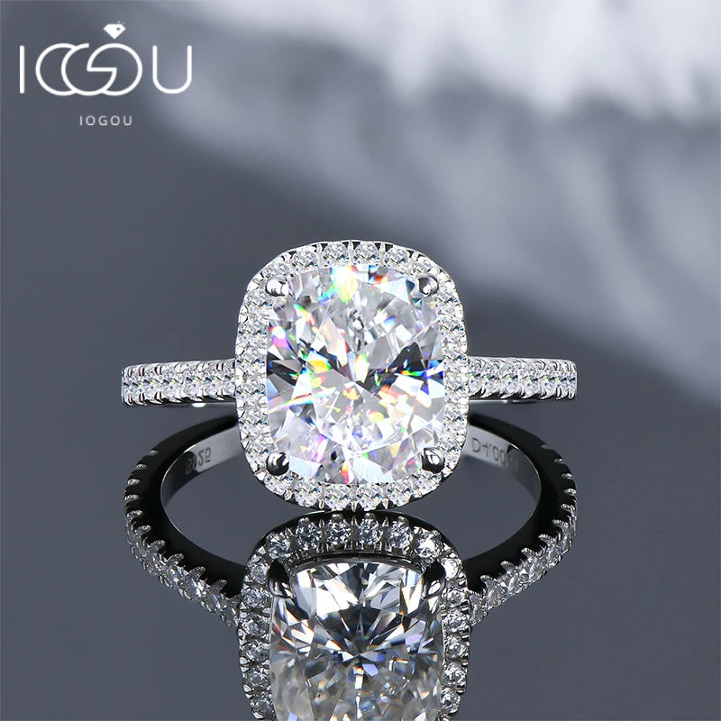 IOGOU Luxury 4ct Moissanite Halo Engagement Ring Certified Cushion Cut Diamond Wedding Rings 925 Sterling Sliver Wedding Jewelry