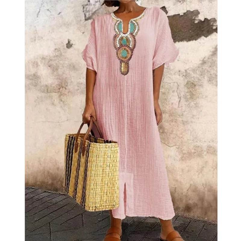 Boho Vintage Embroidered Cotton Linen Long Dresses Women Summer 2025 New V Neck Split Hem White Dress Beach Party Dress Robe - AIAZ