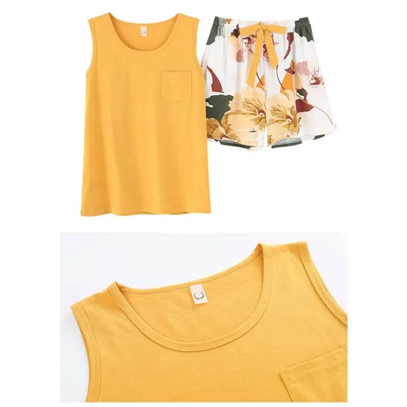 New women's pajamas set summer Cotton solid color top print shorts sleepwear Korean kawaii home clothes pijama two piece set - AIAZ