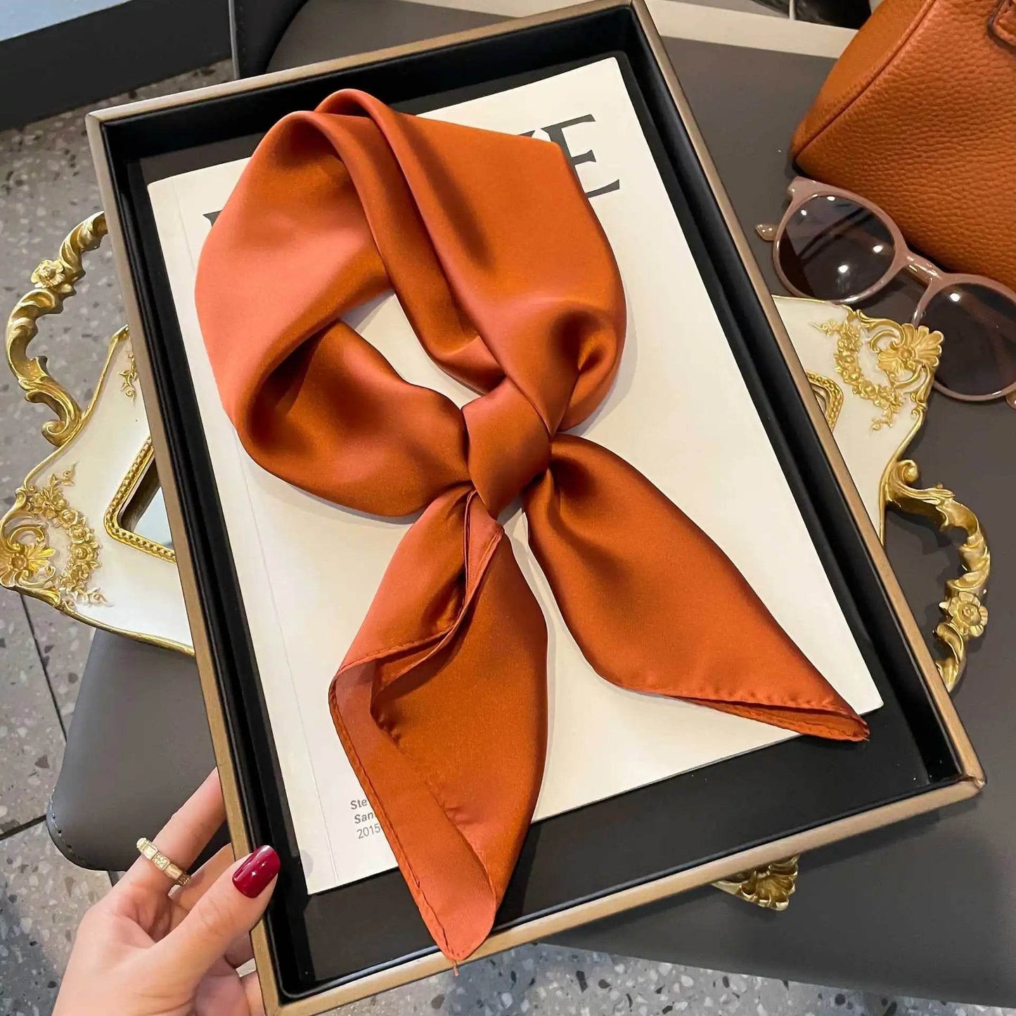 2025 NEW Hijab Head Girl Luxury Silk Square Plaid Scarf Women Satin Neck Hair Tie Band Soft Work Neckerchife Organza Scarf - AIAZ