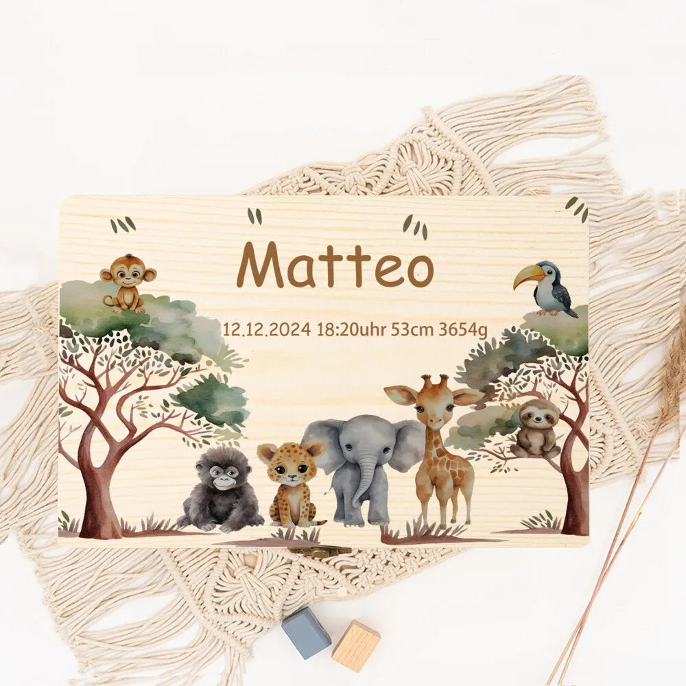 Personalized Memory Box with Trip Animals for Storing Keepsake Baby Baptism Gift Newborn Birth Stats Boxes Umbilical Cord Case