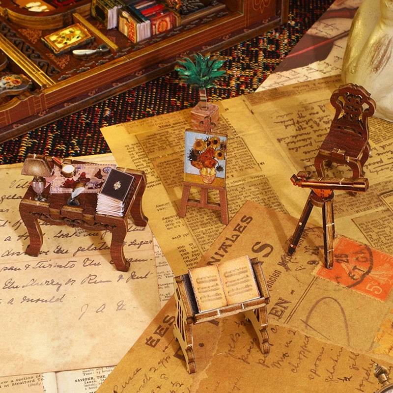 DIY Book Nook Shelf Insert Kit 3D Wooden Puzzle Doll House Assembly Building Model Bookends With Furniture LED Light Xmas Gifts - AIAZ