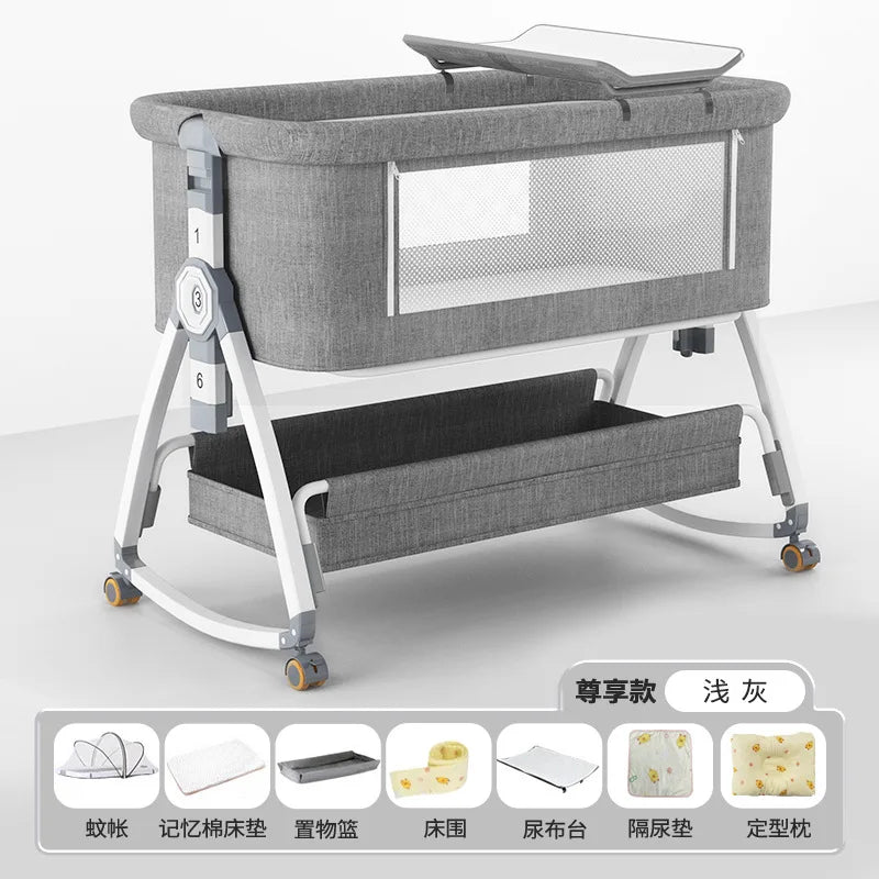 Crib Movable Multi-Function Folding Height Adjustment Splicing Queen Bed Baby Bassinet Newborn Baby Bed Anti-Overflow