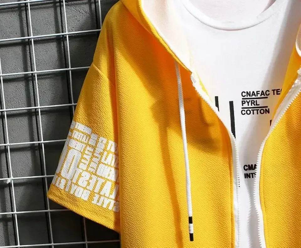 Fashion Men's Hoodies Summer Men Clothing T-shirt Zipper Hood Cartoon Casual T Shirt Print Hooded Top Short Sleeve Men - AIAZ