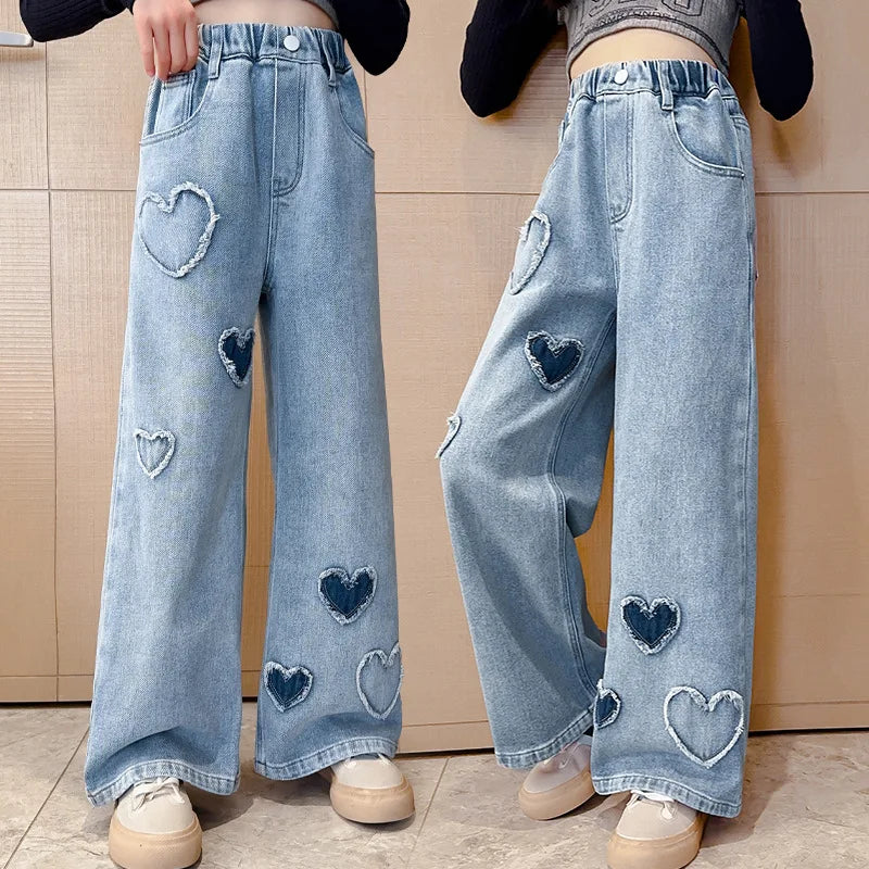 2025 Spring Autumn Girls Love Rough Edges Jean Korean Version Style Kids Middle Waist Cowboy Pants Elastic Waist Long Pants