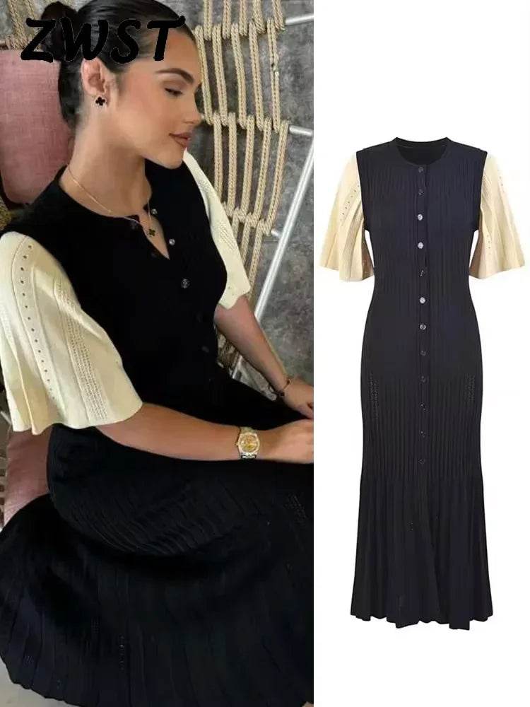 Elegant Knit Dress For Women White Slim O-neck Single Breasted Short Sleeve Long Dresses Female 2025 Spring Fashion Lady Robe - AIAZ