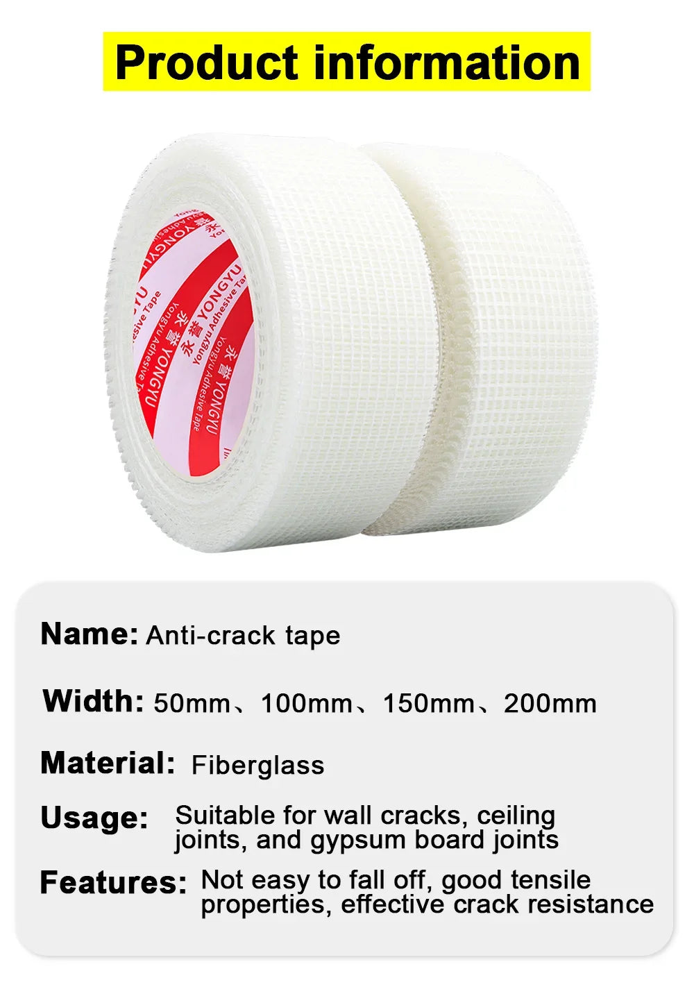 Glass fiber mesh cloth grid self-adhesive wall crack prevention mesh belt cover gypsum alkali resistant tape wall crack repair