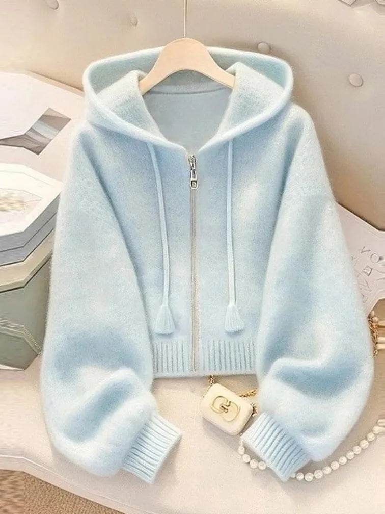 New Soft Blue Cardigan Sweaters Women Long Sleeve Elegant Knitted Jacket Sweet Design Female Casual Hooded Outwear Tops - AIAZ