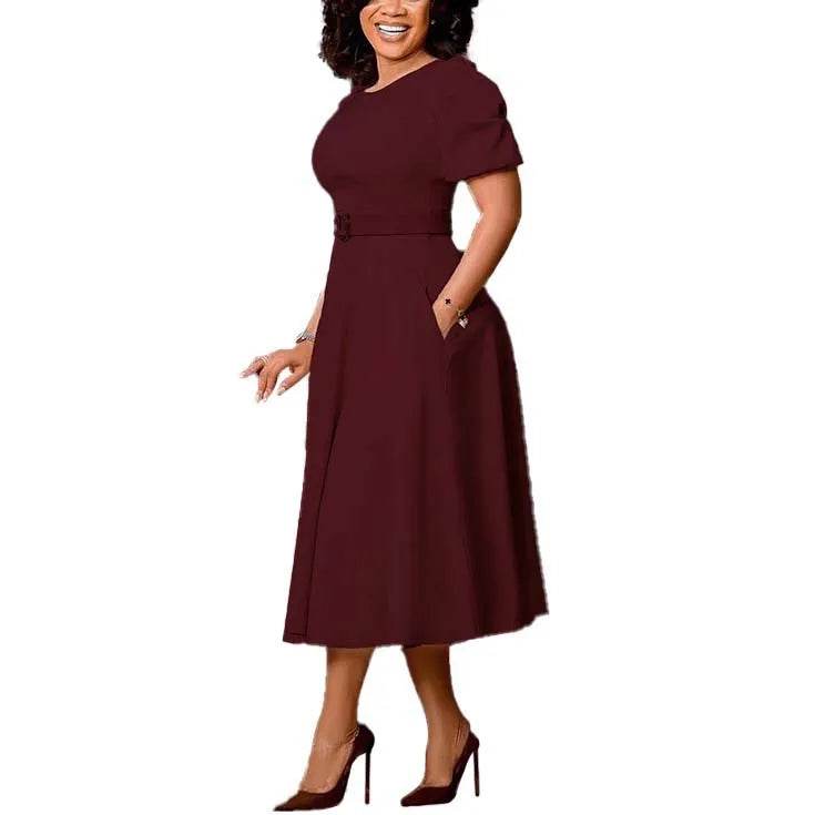 Elegant Office Dress for Women Professional O Neck Short Sleeve Belt Waisted A Line Mid Calf Formal Business Work Dress Midi New - AIAZ
