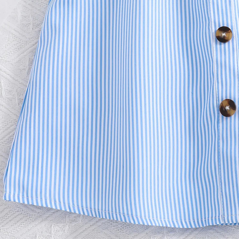 Girl Dress Summer New Light Blue Stripe Ruffled Sleeveless V-Neck Dress Elegant Cute Daily Casual Vacation Preppy Style Outifits