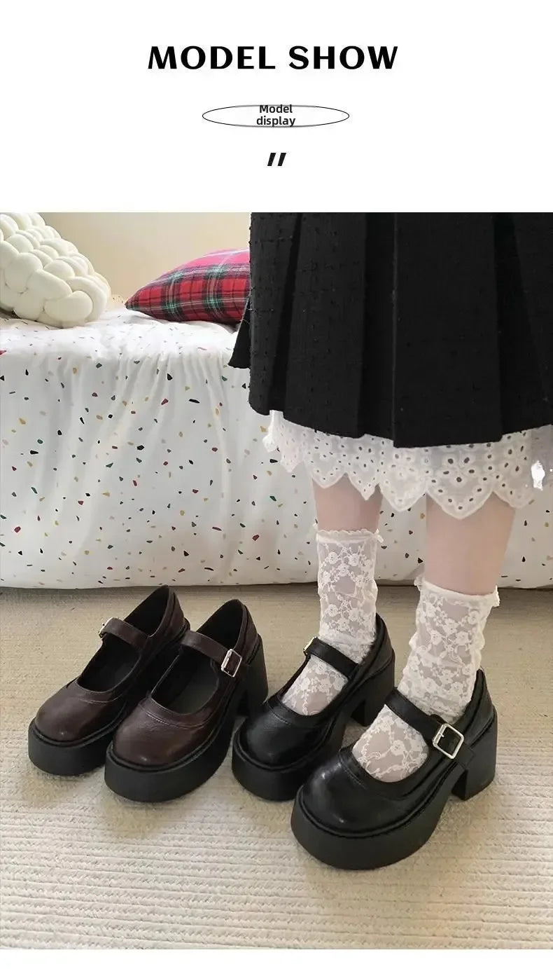 Brown Retro French Thick Heel Mary Janes Women's Shoes Spring 2025 New Style Heightening Flat Mouth High Heels Loafers Shoes