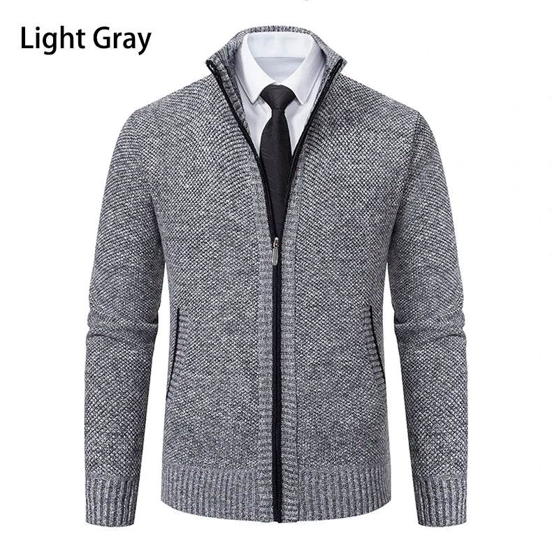 Autumn And Winter New Jersey Men's Casual Sports Coat Solid Color Stand Collar Wweater Grab Fleece Warm Zipper Cardigan - AIAZ