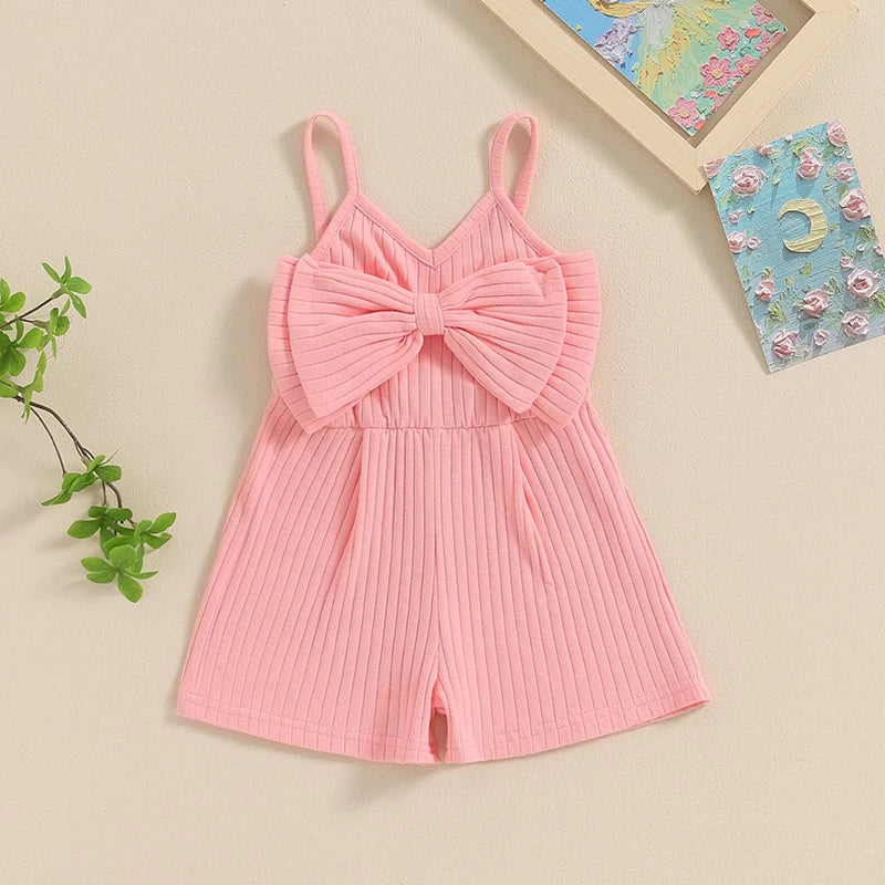 Pudcoco Infant Kids Baby Girl Ribbed Jumpsuit Summer Cute Bow Sleeveless Romper Shorts for Newborn Toddler Cute Clothes 6M-4T