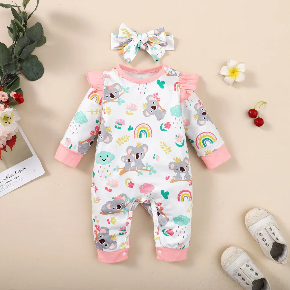 Newborn Baby Girl Bodysuit Cute Little koala Bodysuit+Headband2pcs fit 1-12Months Lnfant Baby Spring and Autumn Crawler Suit
