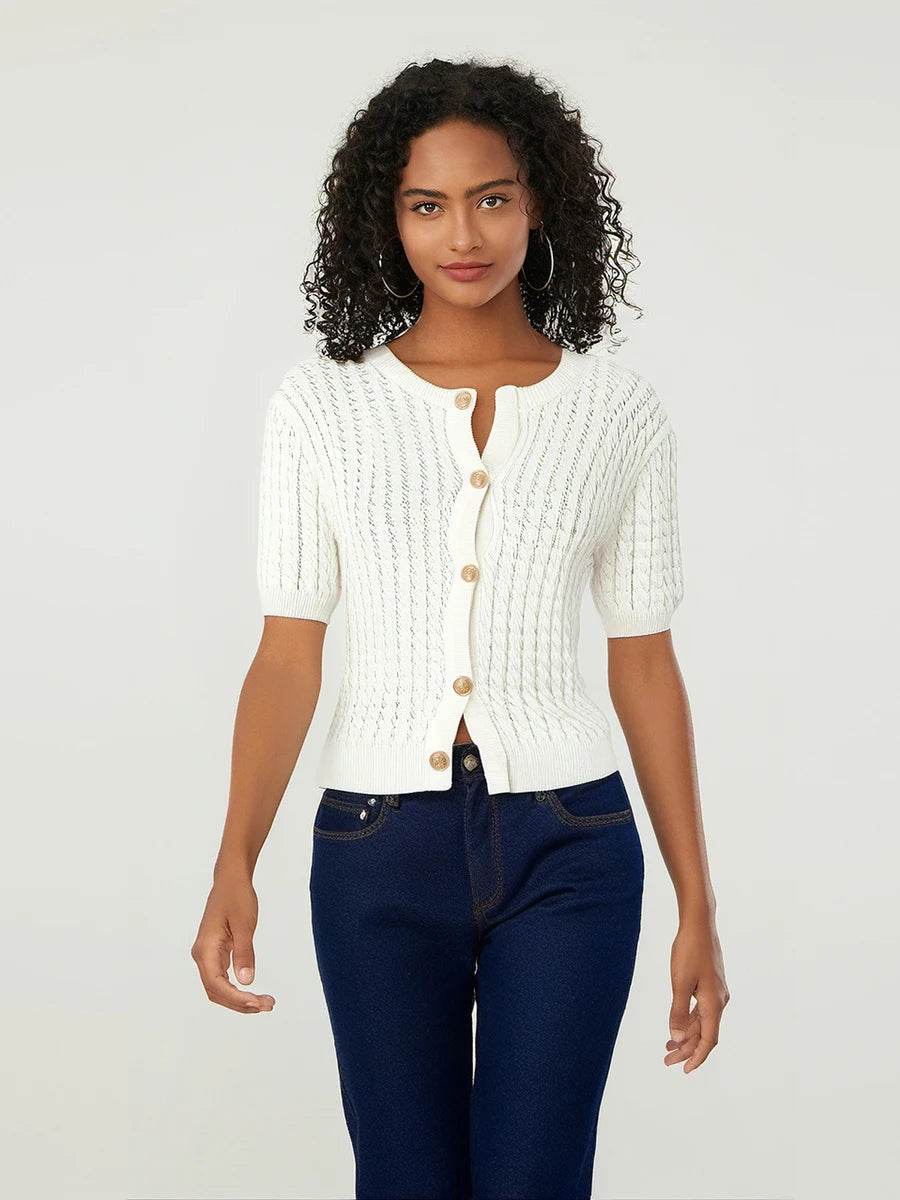 Women's Cable Knit Cardigan Solid Color Round Neck Short Sleeve Button-front Closure Crop Sweaters - AIAZ