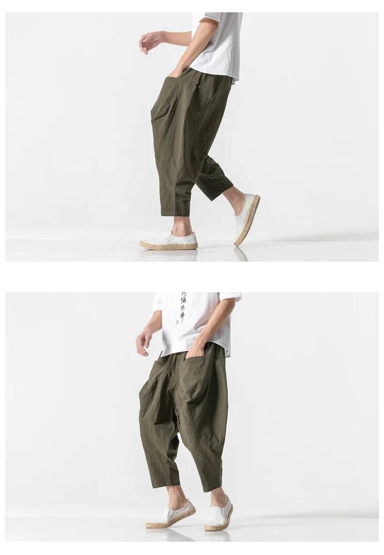 2025 Men Linen Pants Mens Wide Crotch Harem Pants Man Chinese Style Ankle-Length Pants Male Wide-Legged Bloomers Trousers - AIAZ