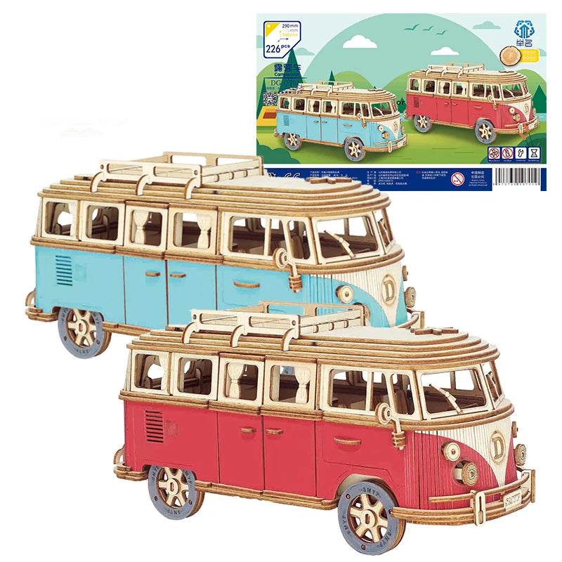 Retro Bus European-style Campervan 3D Wooden Car Puzzle DIY Sailing Ship Airplane Building House Model Jigsaw Toys For Children - AIAZ