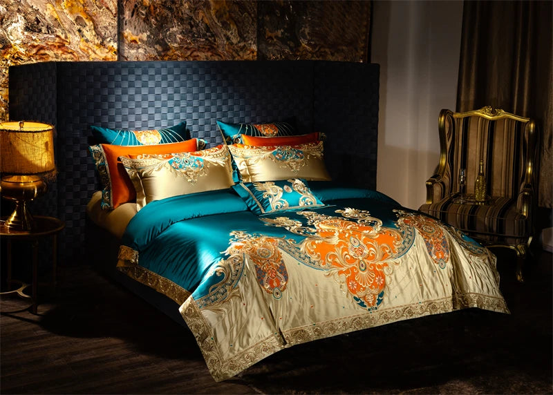 4/6/9Pcs Gorgeous European Palace Style Royal Embroidery Bedding Set Brocade Egyptian Cotton Duvet Cover Bed Sheet Pillowcases