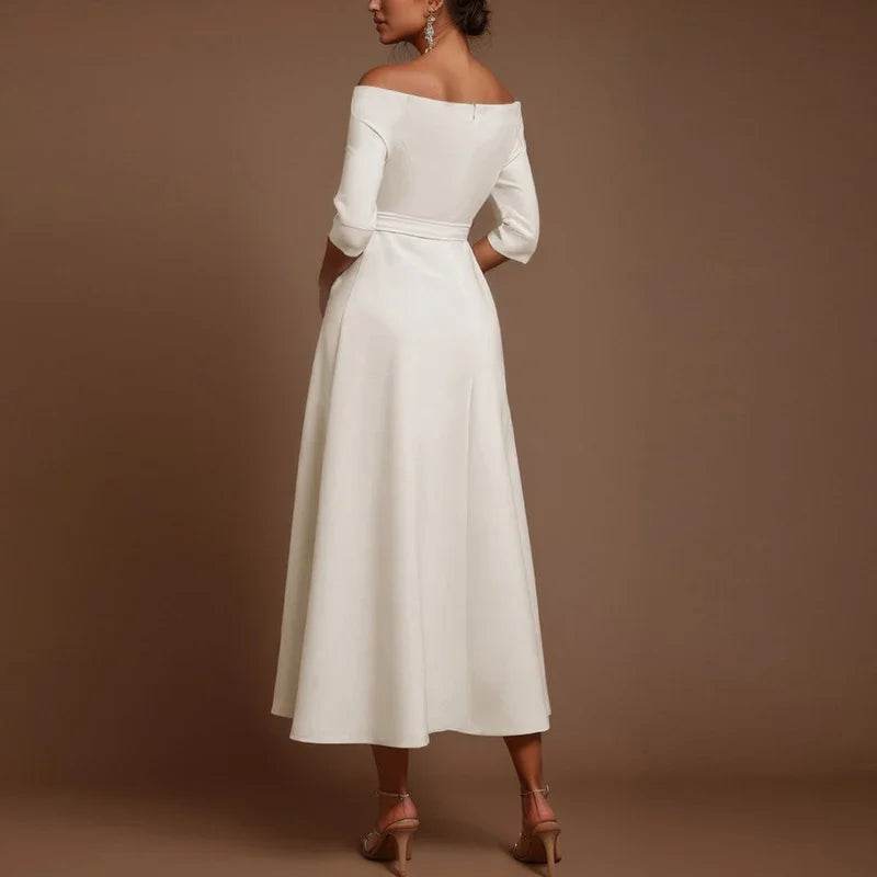 Elegant Party Dresses For Women One Shoulder Half Sleeve High Waisted A-Line Long Dress Women Offfice Dress White - AIAZ