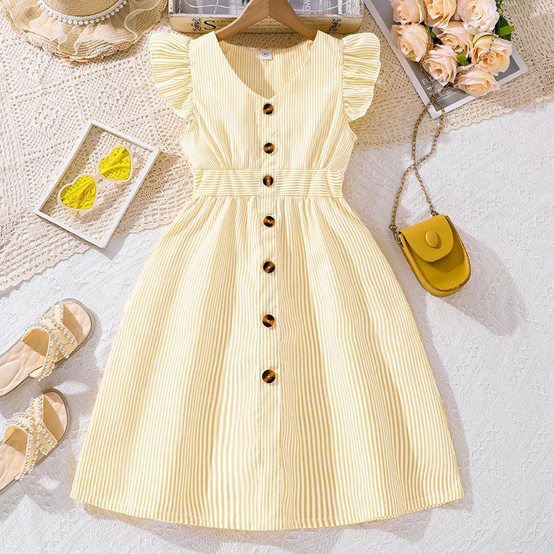 Girl Dress Summer New Light Blue Stripe Ruffled Sleeveless V-Neck Dress Elegant Cute Daily Casual Vacation Preppy Style Outifits