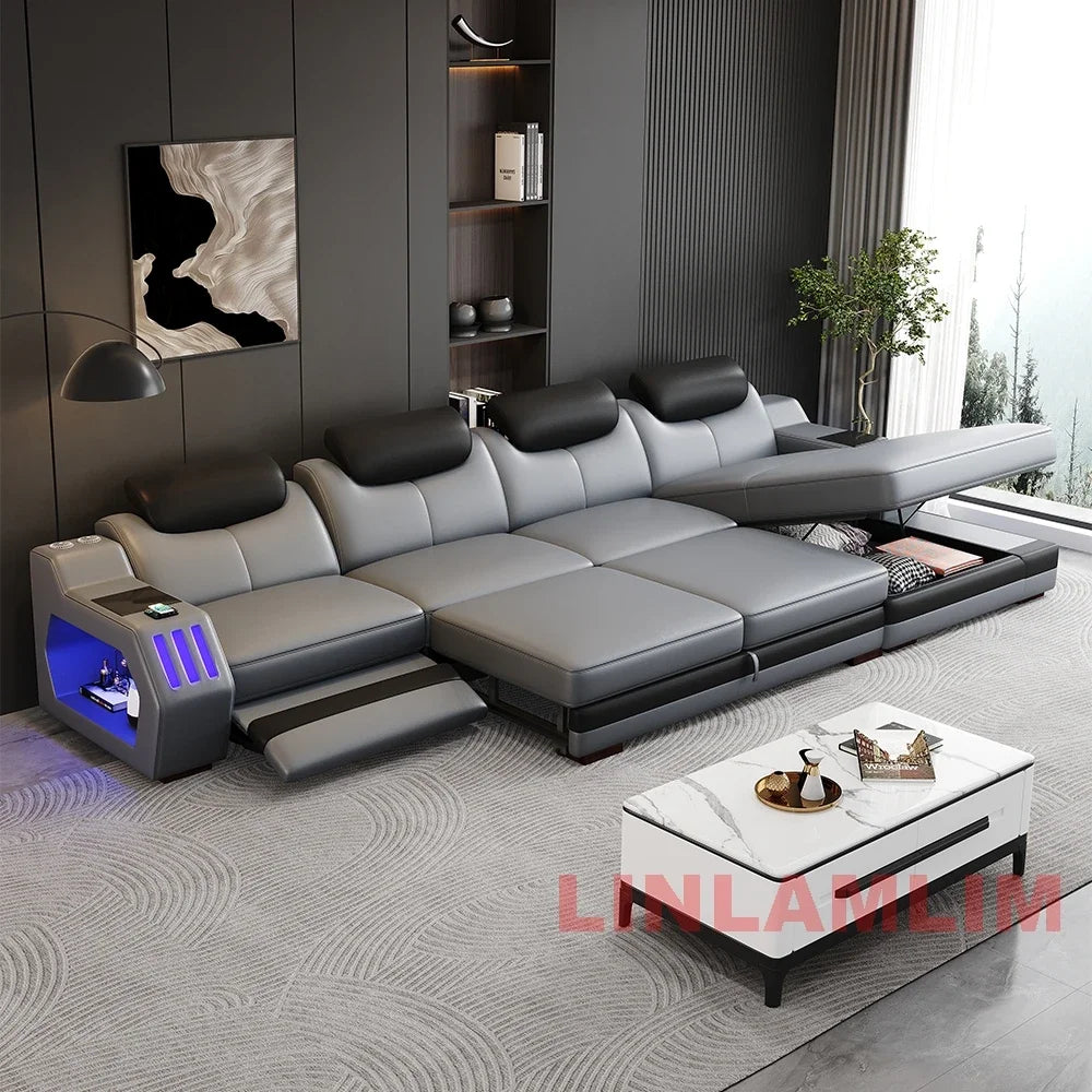 Modern L-Shaped Sectional Sofa Bed with Adjustable Headrests & LED Lights, Genuine Leather Recliner Couch with Storage & USB