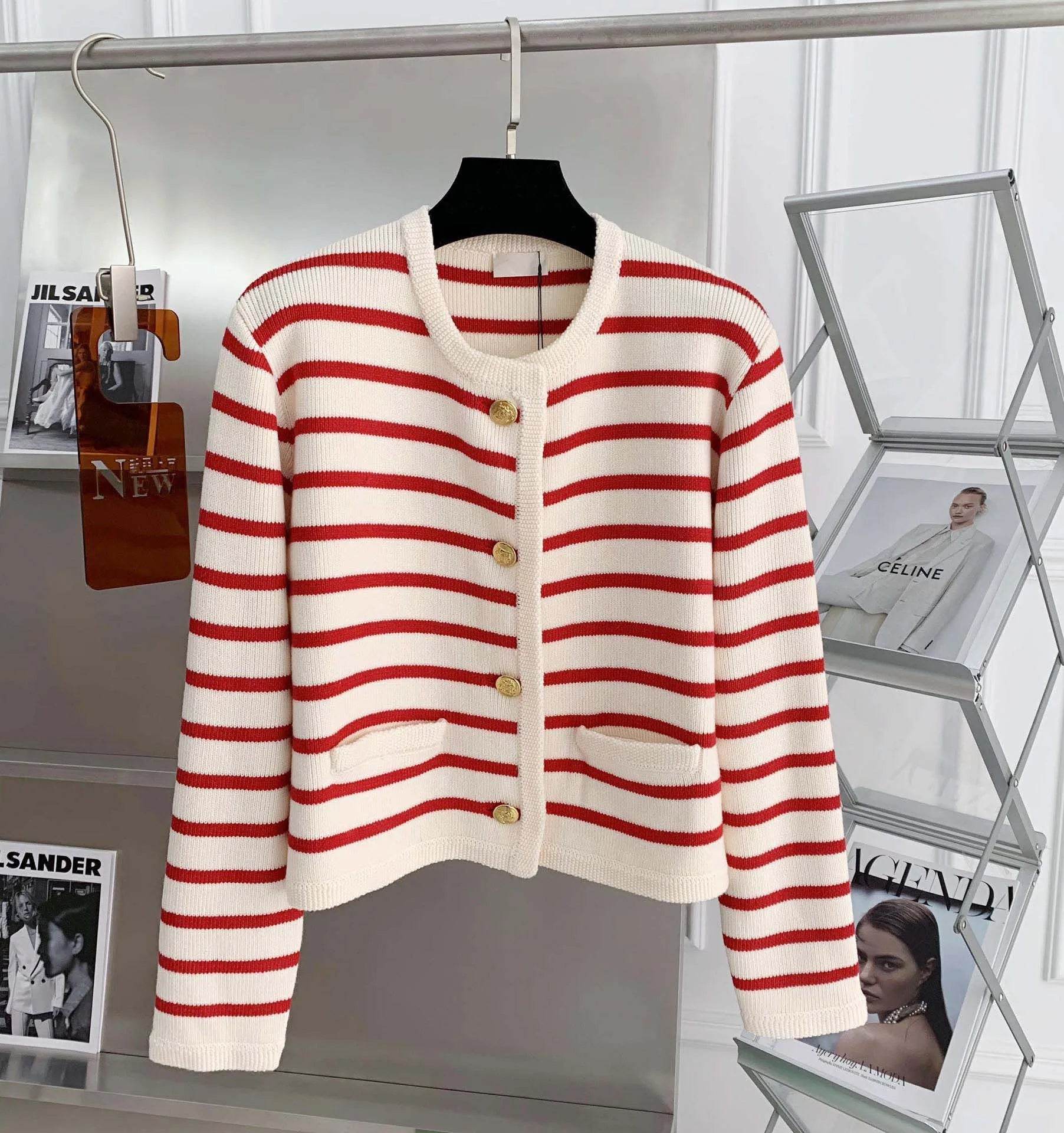Women Stripe Knitted Cardigans Spring Autumn O-neck Single Breasted Long Sleeve Crop Tops Fashion Casual Chic Female Sweaters - AIAZ