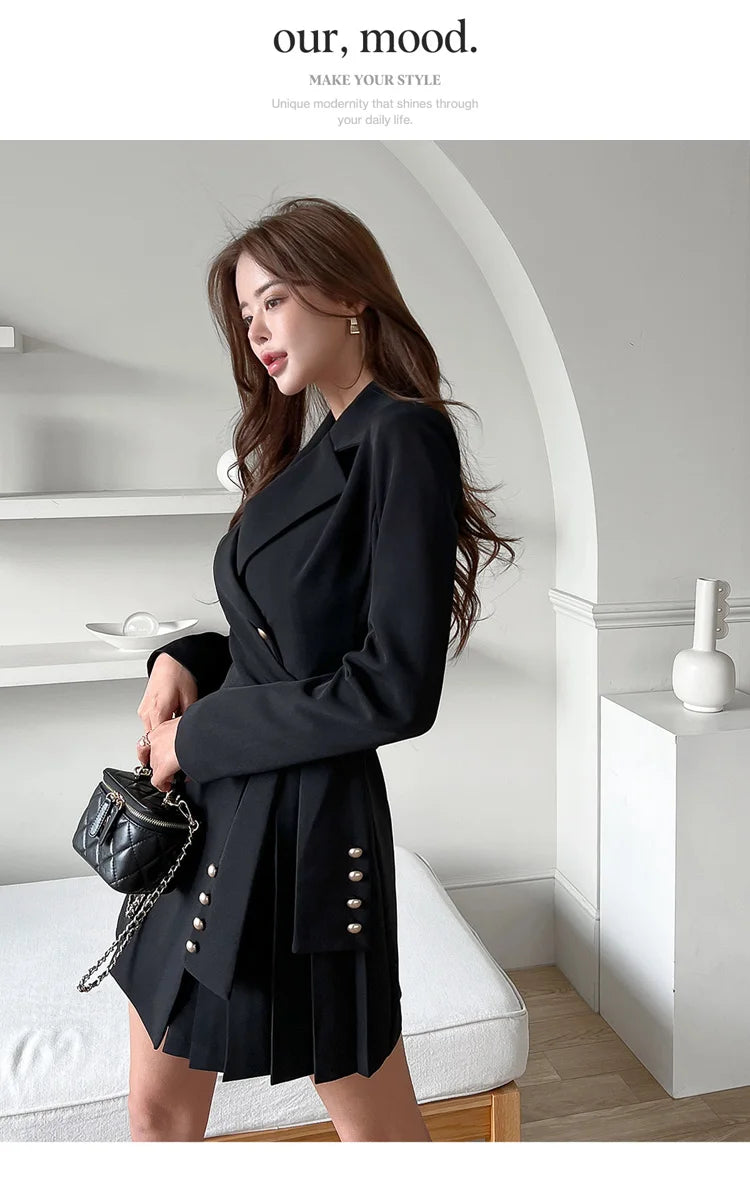 H Han Queen Autumn Winter Dresses Korean Lace-Up Professional Jacket Vestido Elegant Fashion Slim Office Party Casual Dress