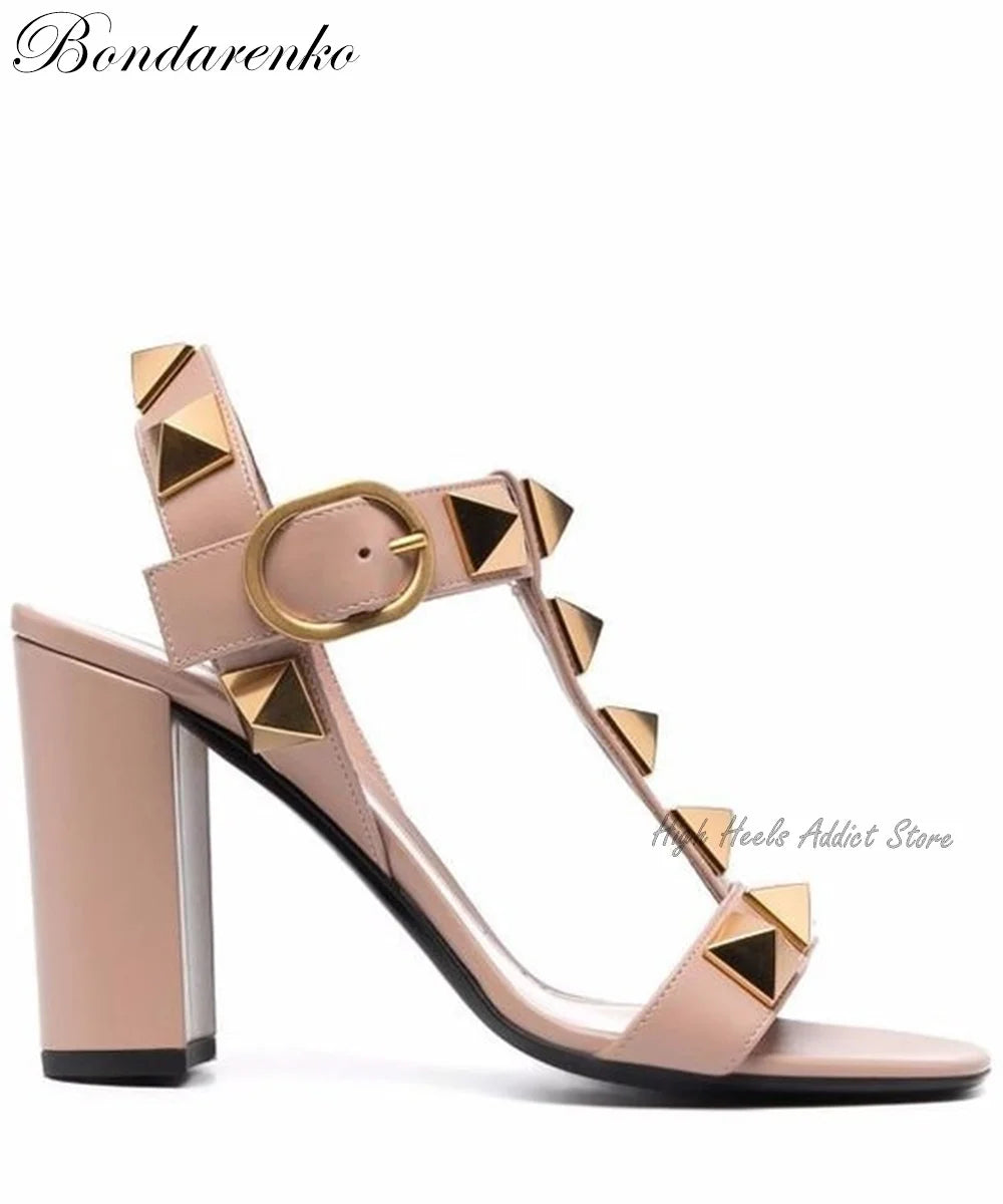 Rockstud Block Heel Leather Sandals Roman Stud Pink Black White Buckled High Heels Summer New Luxury Designer Shoes on Offer