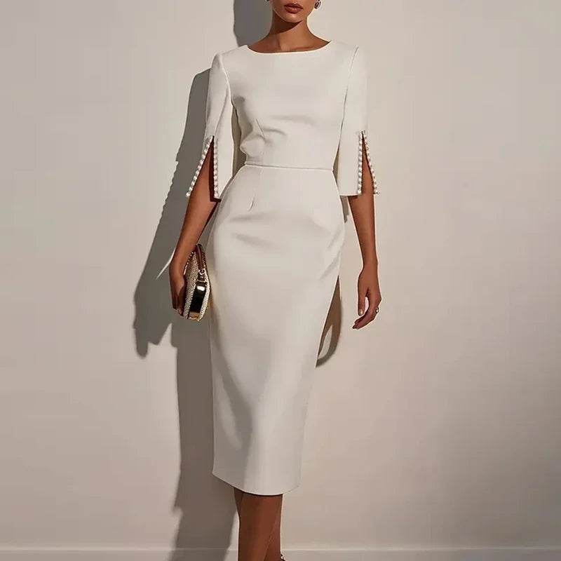 Elegant Women Fashion O-neck Solid Color Commuter Dress Hight Waist Slimming Long Dresses Beaded Split Half Sleeves Party Dress - AIAZ