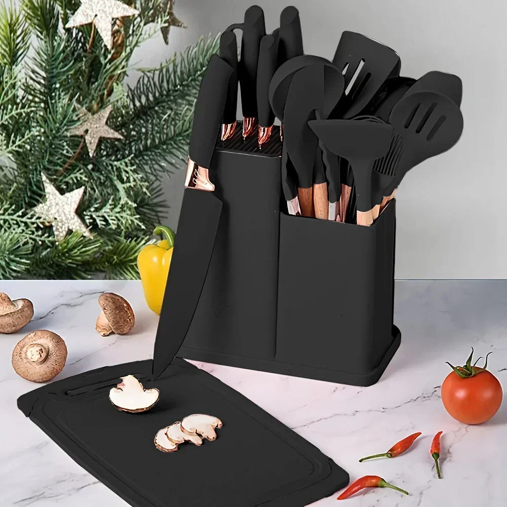 19 Pcs Non-Stick Silicone Kitchen Utensil Set with Knives Heat-Resistant Tools in Bamboo Storage Perfect for Cooking