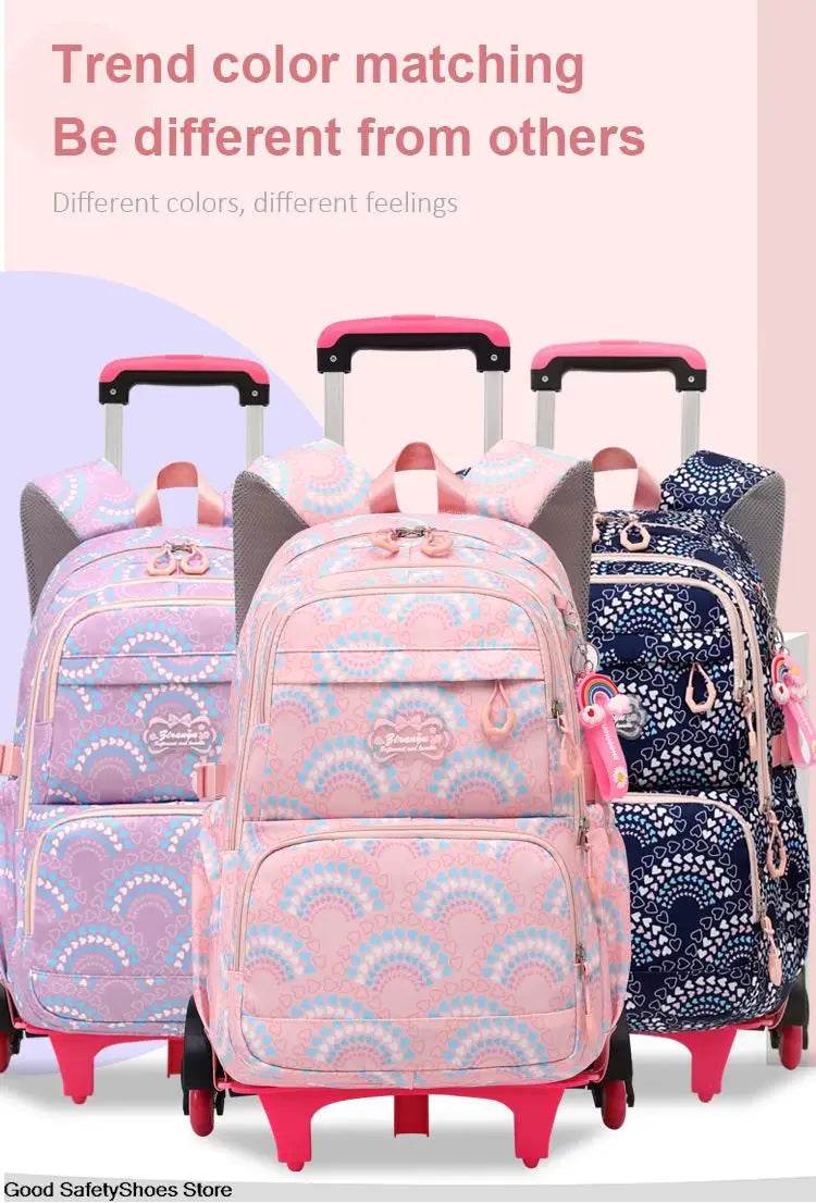 Rolling School Bags for Girls Backpack Children Waterproof School Backpacks with Wheels Middle School Trolley Luggage Back Pack - AIAZ