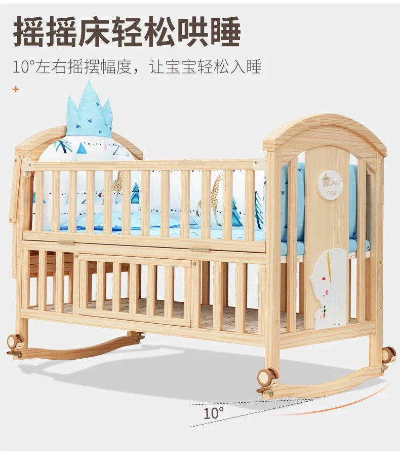 Baby Crib Multifunctional BB Baby Crib Solid Wood Unpainted Cradle Bed Movable Newborn Children Splicing Large Bed