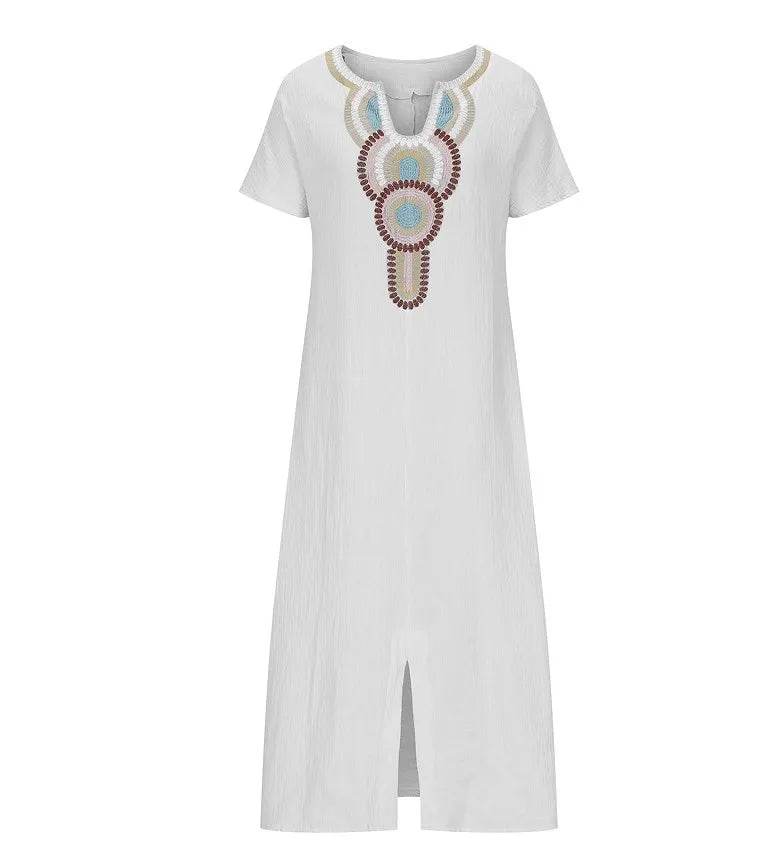 Boho Vintage Embroidered Cotton Linen Long Dresses Women Summer 2025 New V Neck Split Hem White Dress Beach Party Dress Robe - AIAZ