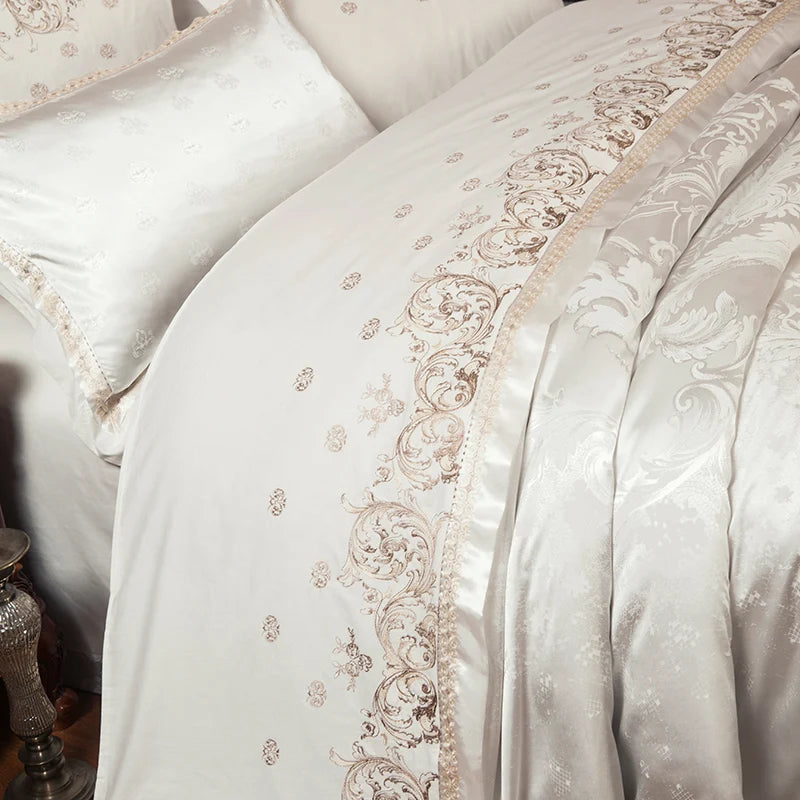 Sliver Gold Luxury Silk Satin Jacquard duvet cover bedding set queen king size Embroidery bed set bed sheet/Fitted sheet set