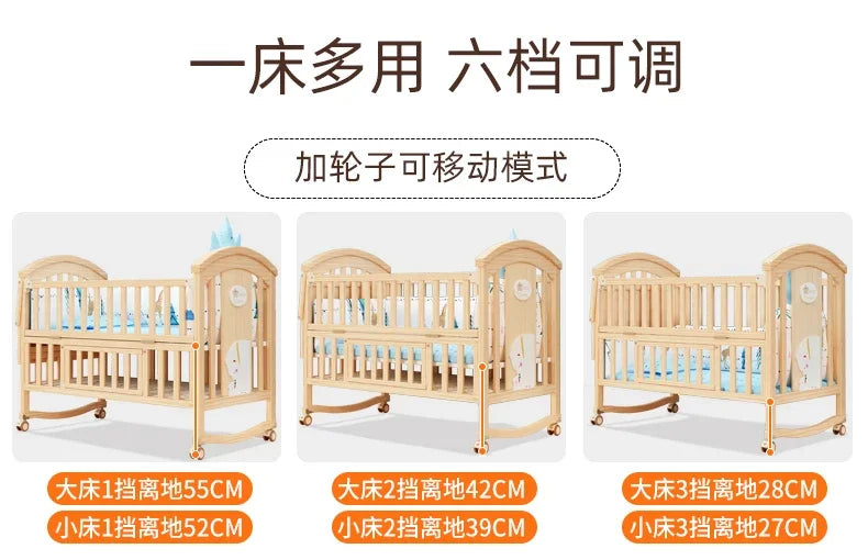 Baby Crib Multifunctional BB Baby Crib Solid Wood Unpainted Cradle Bed Movable Newborn Children Splicing Large Bed