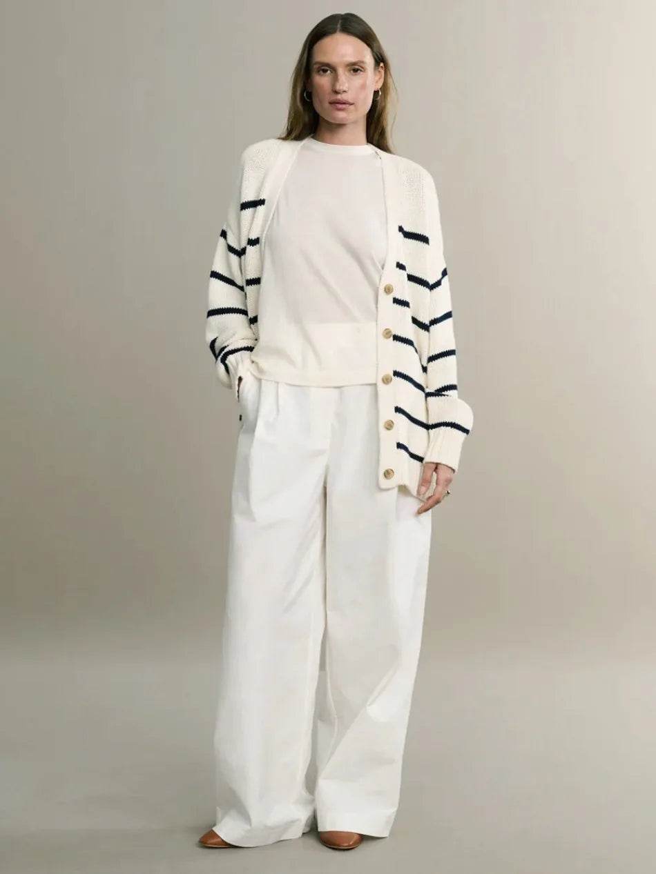 Striped Knitted Cardigan for Women European and American Style New Autumn and Winter 2025 V-Neck Long Sleeve Cardigan Sweater - AIAZ