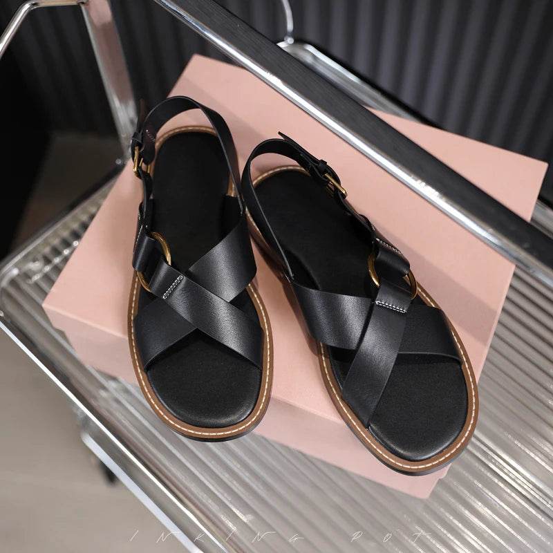 Sandals Woman 2025 New Spring Summer Fashion Comfortable Genuine Leather Flat Elegant Shoes for Women Casual Beach Shoe - AIAZ