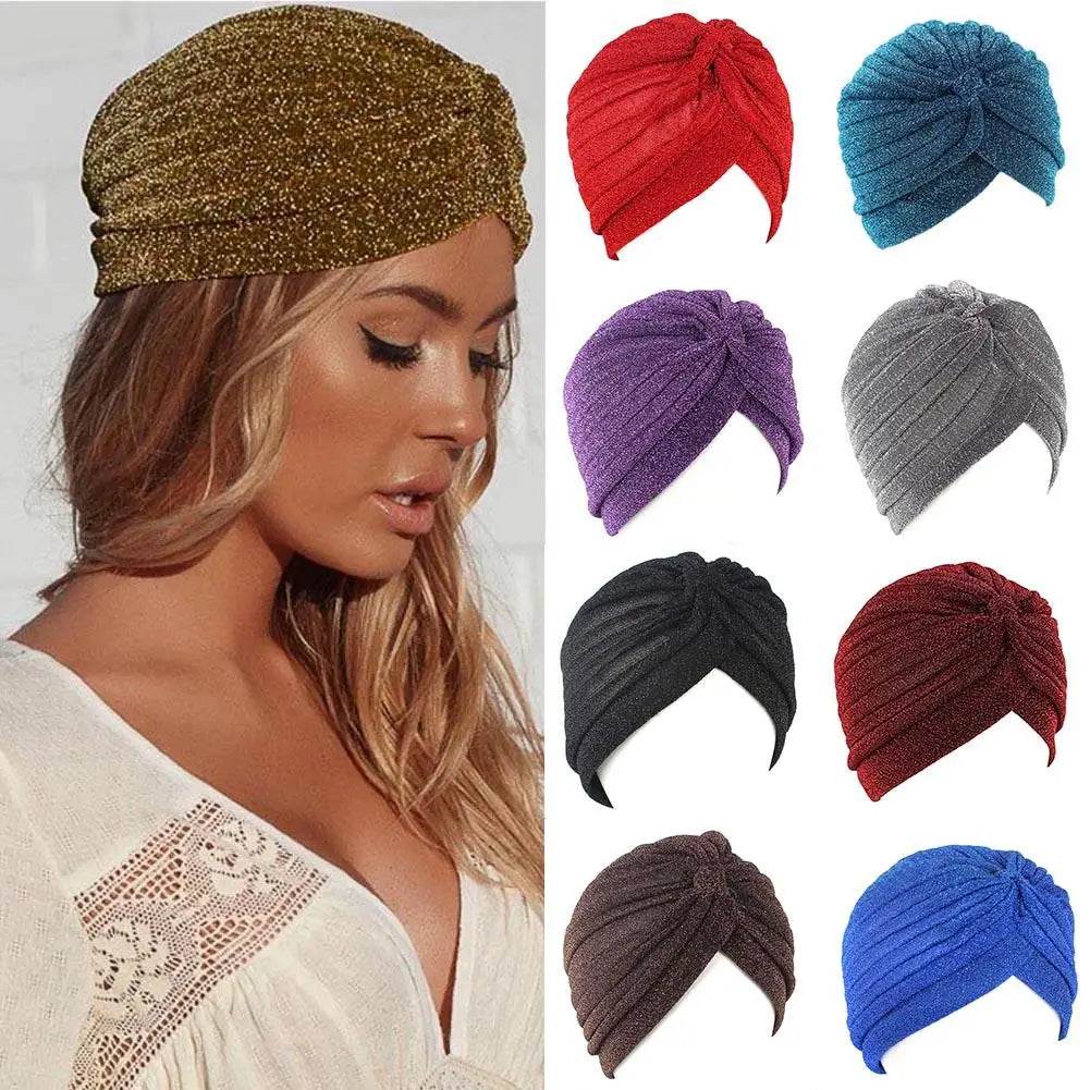 HOT Fashion Women Turban Hijab Hats Gold Shiny Muslim Indian Turban Double Layer Headwrap Stretchable Soft Wrap Head Scarf Mujer - AIAZ