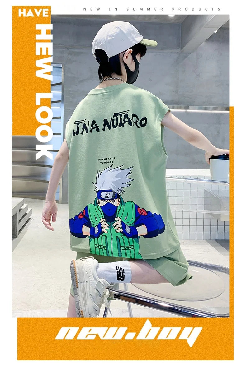 Summer Boys Cotton Sleeveless Cartoon T-Shirt Tops+Shorts Workout Sets School Kids 2PCS Tracksuit Children Jogging Outfit 5-16Yr