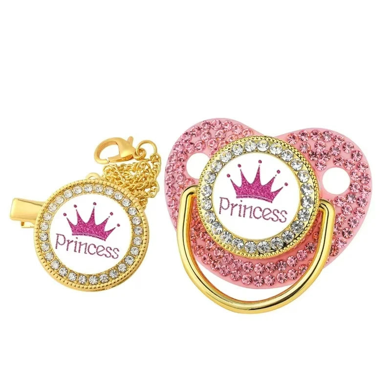 All Zircon Baby Pacifier Chain Clips Set Gold Crown Princess Prince Pacifiers Holder Silicone Nipple Luxury Infant Shower Gifts
