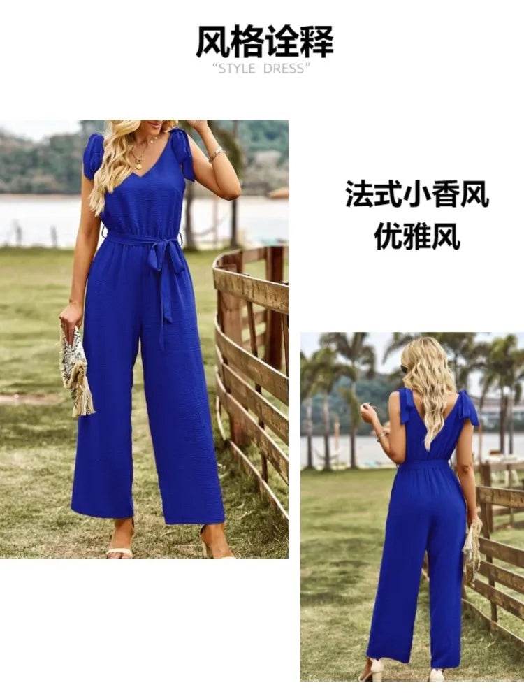 2024 Summer Women's New Commuter Style Solid Color Sexy Back V-neck Bareback Sleeveless Strap Waist Nine Part Pants Jumpsuit - AIAZ